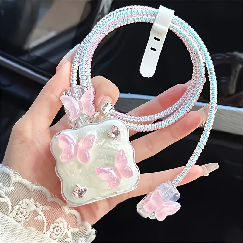5pcs Butterfly Style iPhone Charging Cable Protection Set, TPU Material Charging Cable and Charger Head Protective Cover with Decorative Butterflies